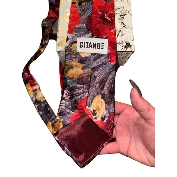 Gitano Men's Floral Print Neck Tie Red Gold Black 3.75" Wide - Picture 2 of 4